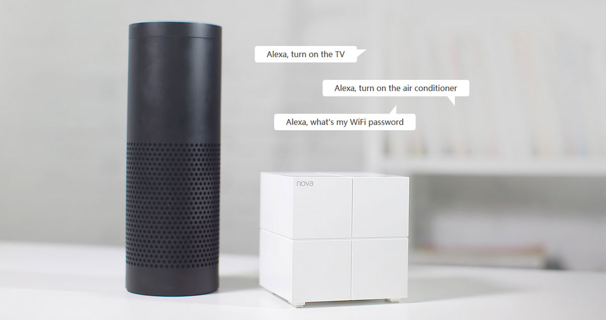 A smart speaker and a Nova MW6 on a desk. Above the Nova MW6 is three dialog boxes containing texts reading as